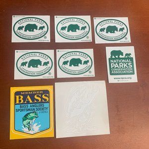 VTG 8 pc lot, NEW National Parks & Conservation, B.A.S.S Anglers, stickers decal